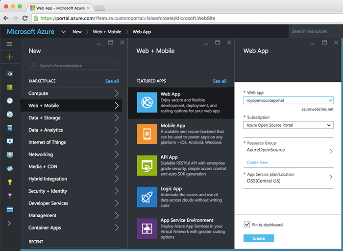 Creating a new app service in the Azure Portal.