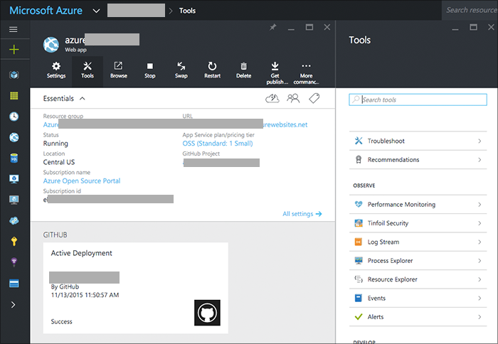 App Service handles continuous deployment and integration from GitHub to Azure.
